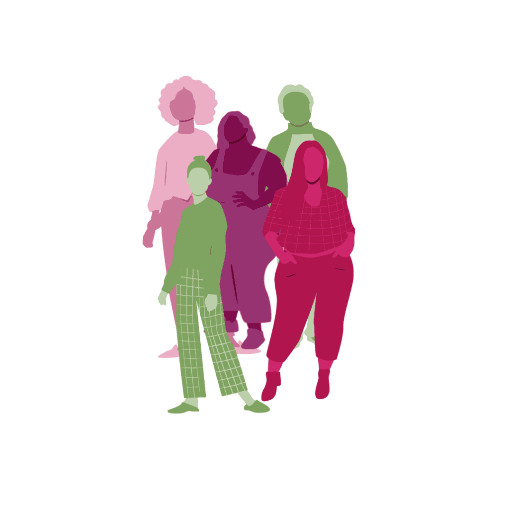 Bunte Grafik einer Personengruppe mit fünf stehenden Personen.